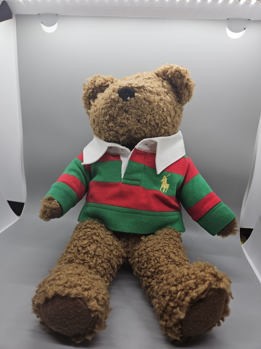 2005 Ralph Lauren Teddy Bear Plush Green Red Rugby Stripe Polo Shirt 14" Vintage